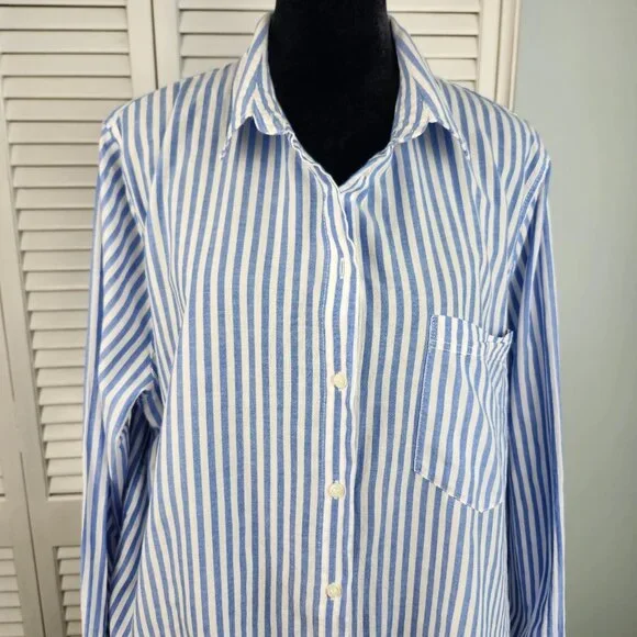 H&M Blue White Stripe Button Front Top L Long Sleeve 100% Cotton Coastal Capsule - Picture 3 of 10
